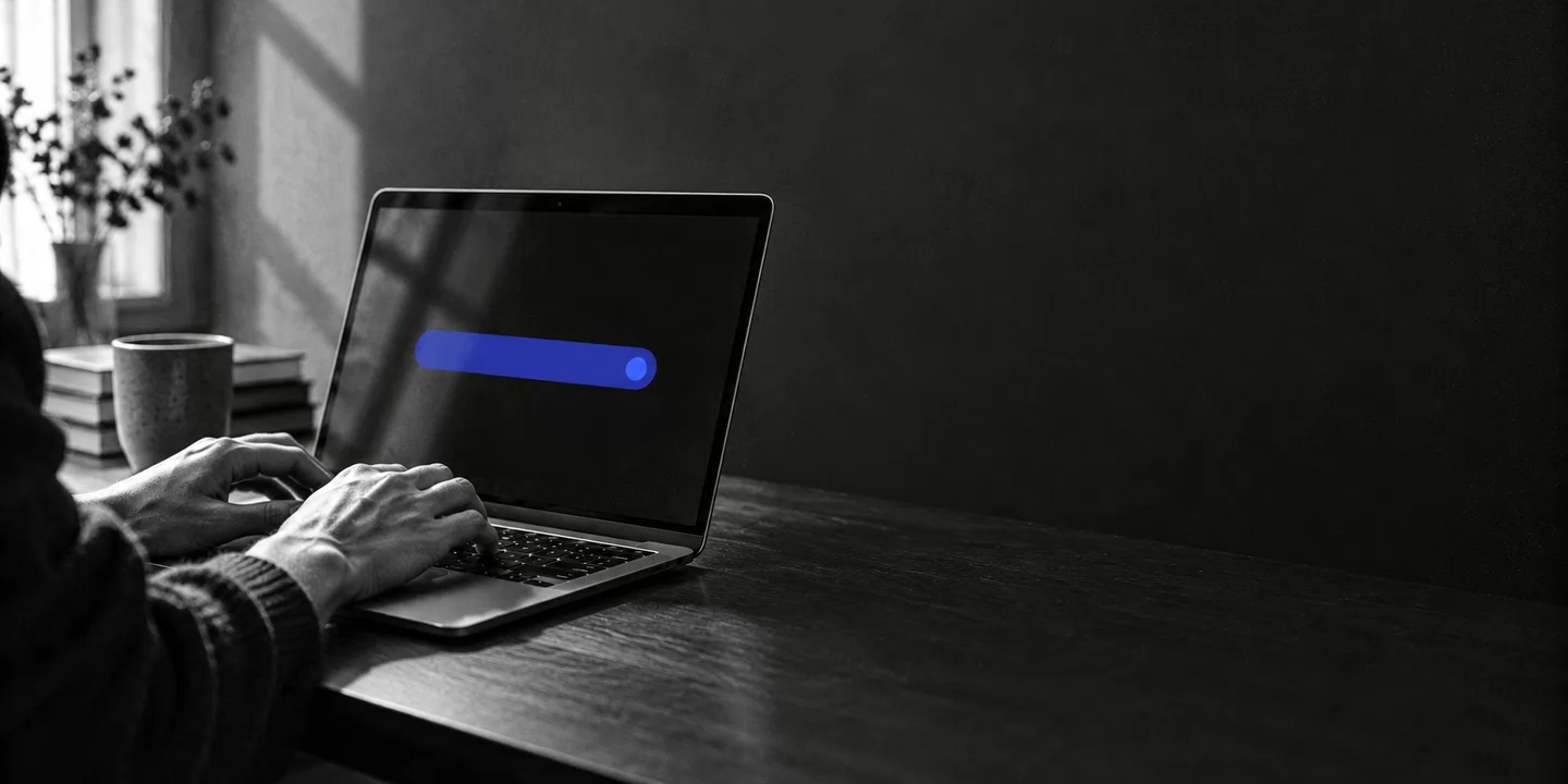 Monochrome conceptual illustration of hands using a laptop, with a cobalt interface accent.