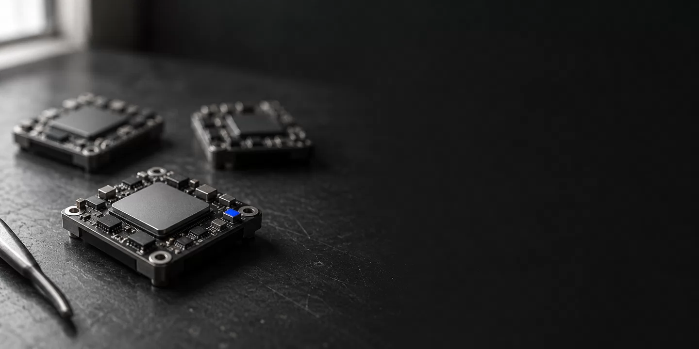 Monochrome conceptual still-life of small processor modules with a cobalt detail.