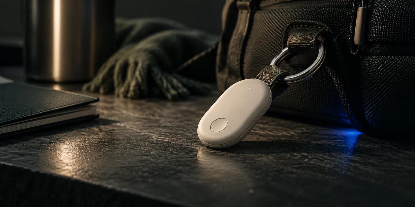 Conceptual generic item tracker beside luggage. It does not depict the actual Samsung product.