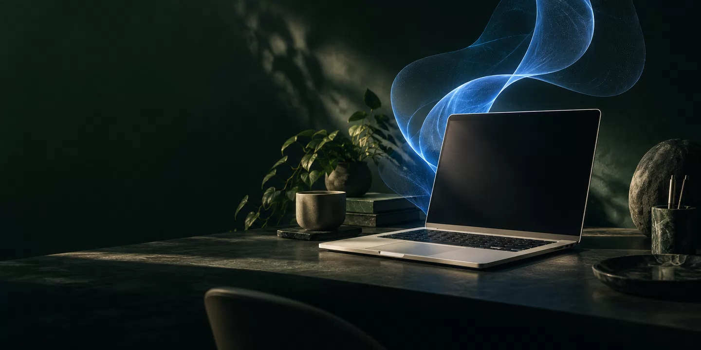 Conceptual illustration of an unbranded laptop with an abstract blue interface ribbon.