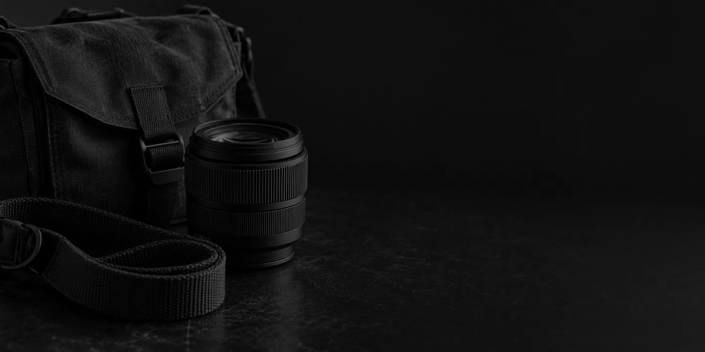 Greyscale conceptual compact camera lens beside a charcoal canvas bag and a coiled fabric strap on a dark table.