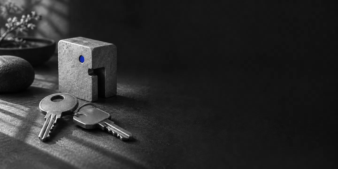 Monochrome conceptual access keys beside an abstract gateway with a cobalt indicator.