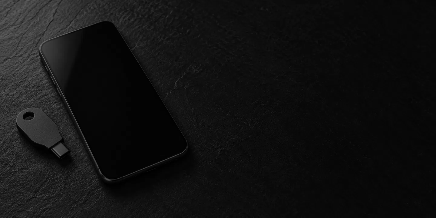 Greyscale conceptual unbranded smartphone with a blank black screen beside a small metal authentication token on dark slate.