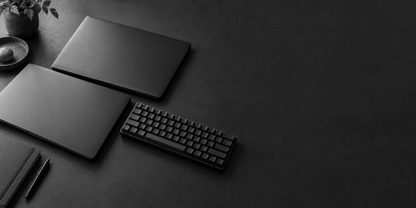 Greyscale conceptual desk scene with two closed unbranded laptops and a compact blank-key keyboard.
