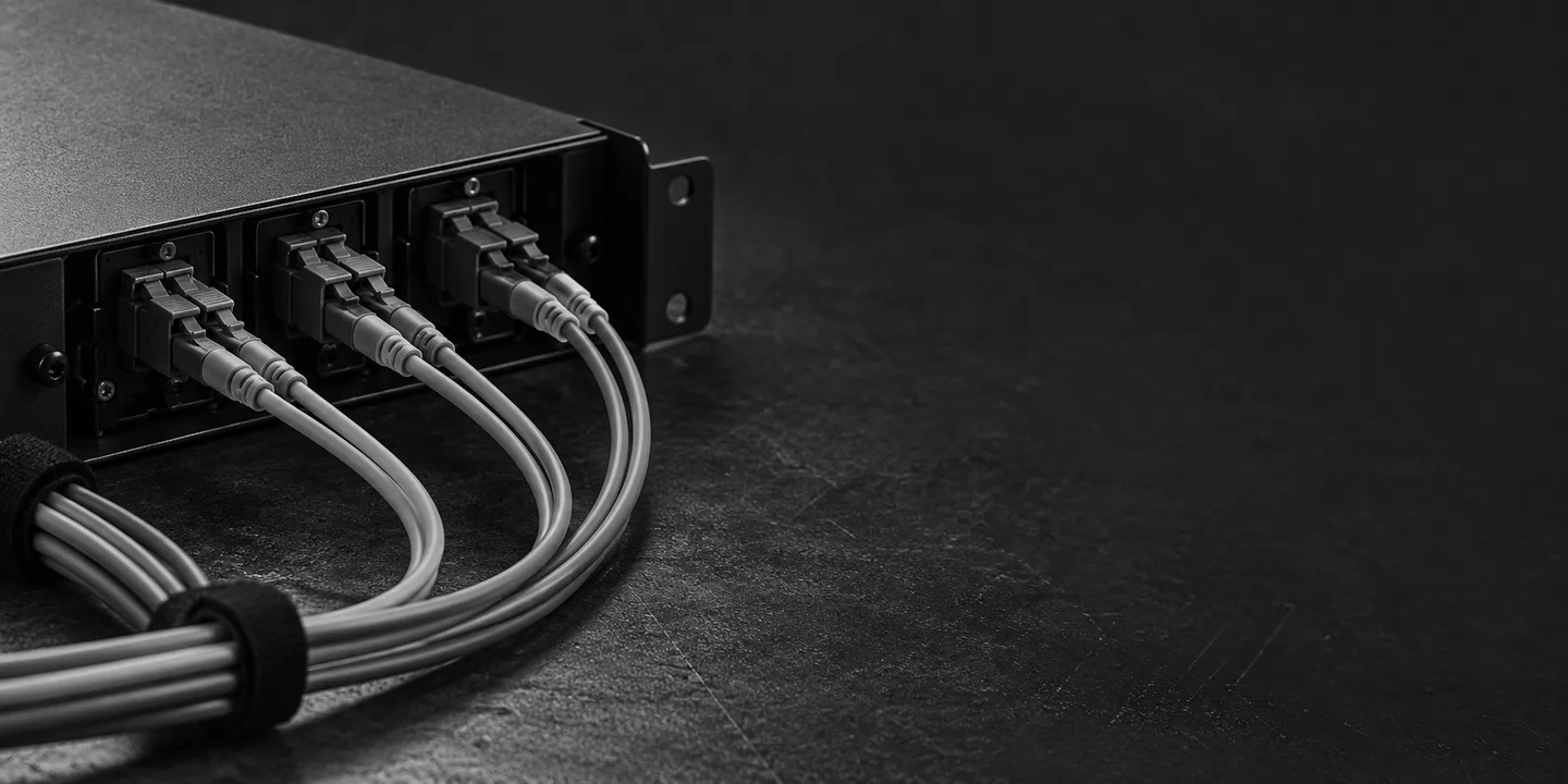 Greyscale conceptual fibre patch enclosure with neatly curved optical jumper cables on a dark workbench.