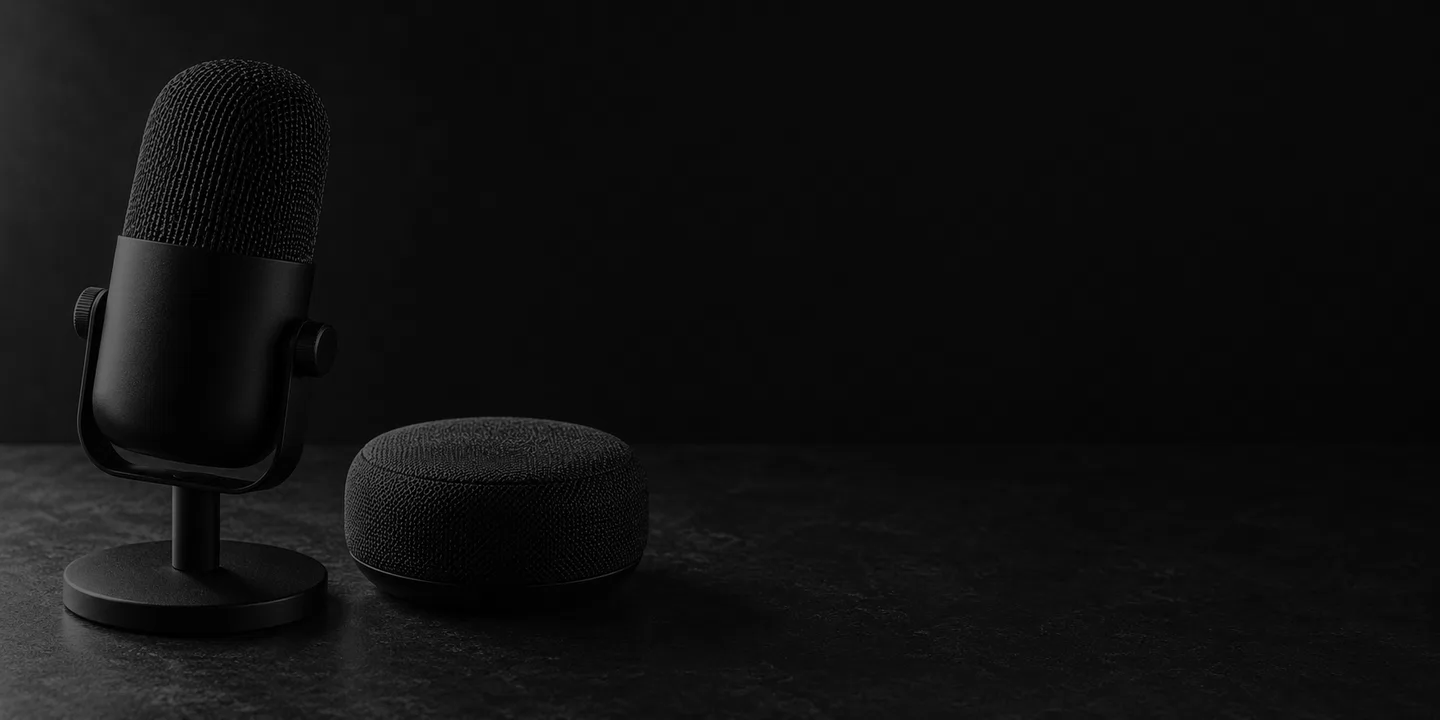 Greyscale conceptual unbranded desk microphone beside a small fabric-covered speaker on a dark work surface.