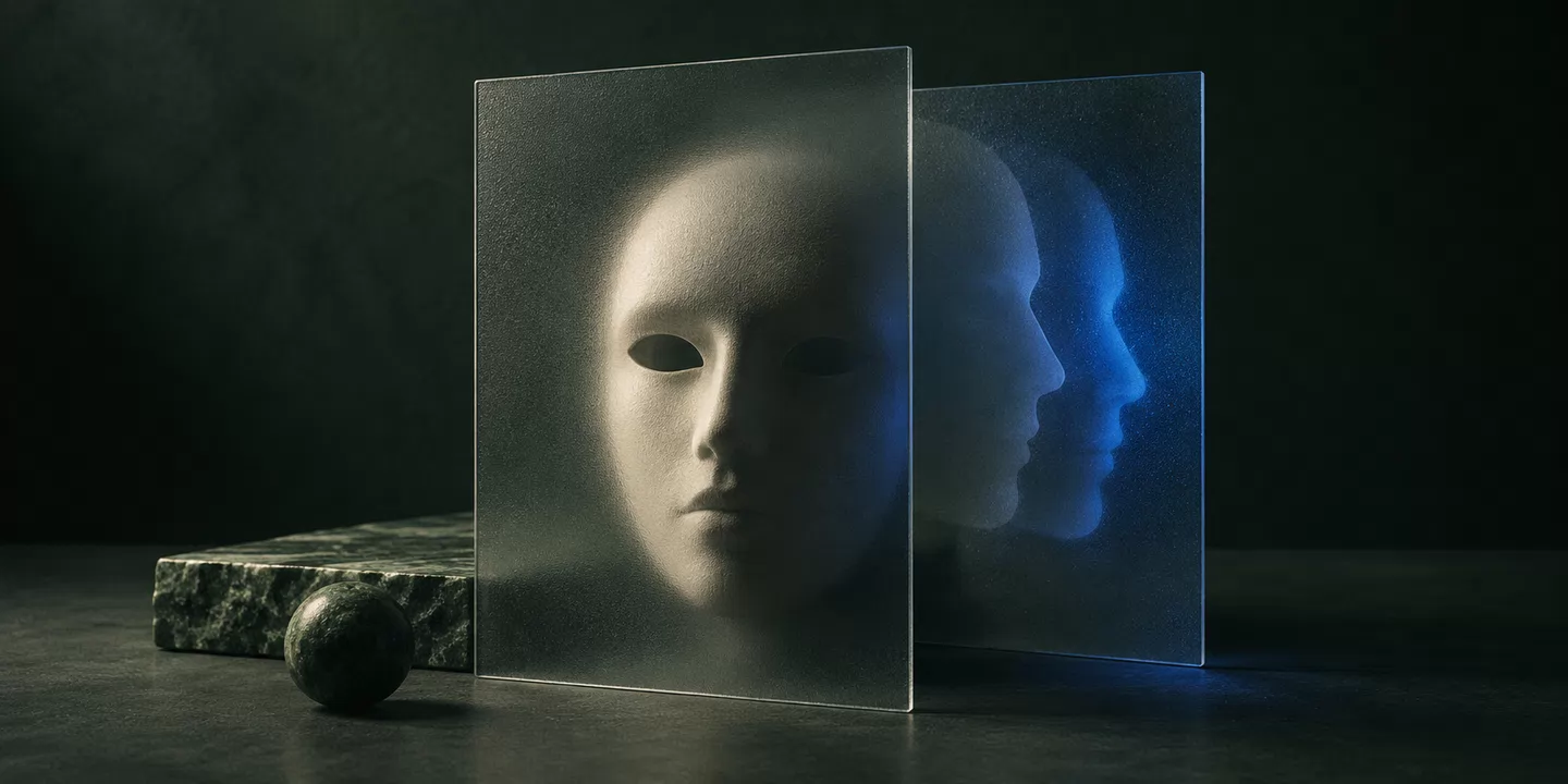 Conceptual layered glass panels with invented mask-like identities.