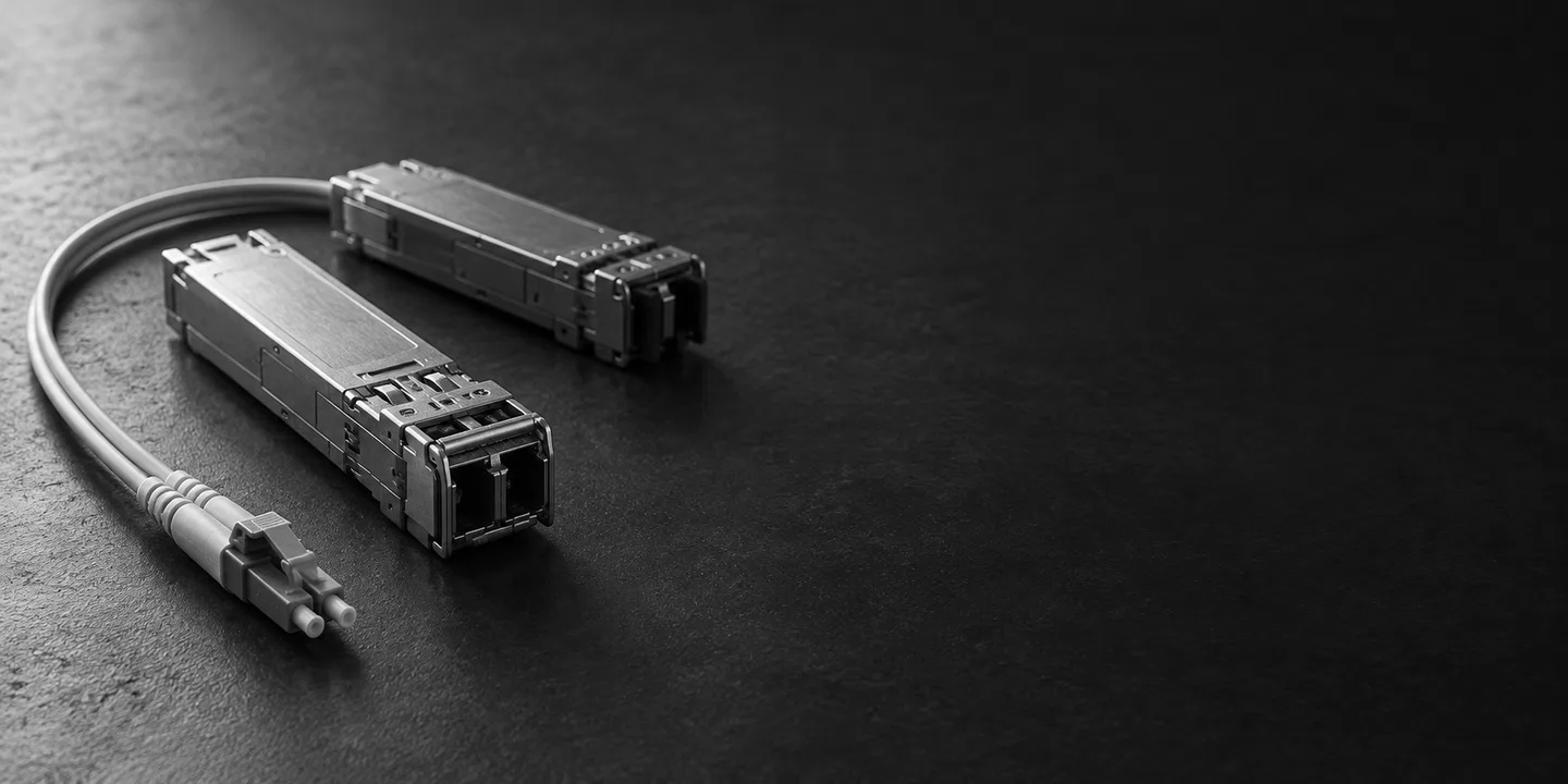 Greyscale conceptual still-life of unbranded optical transceivers and a fibre cable.