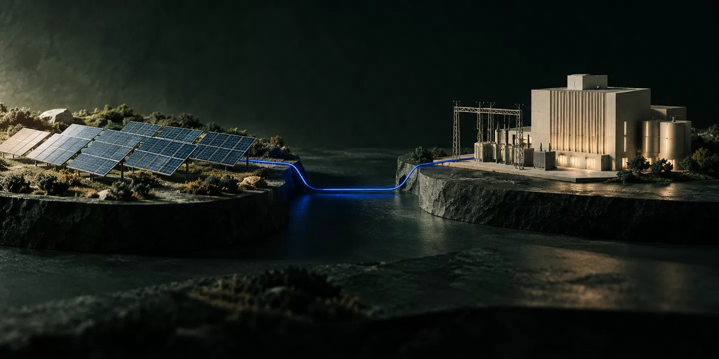 Conceptual miniature solar field linked visually to an industrial building.