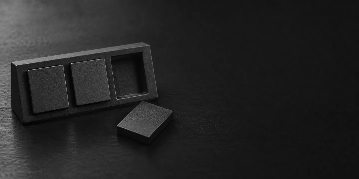 Greyscale conceptual still-life of a blank mechanical status panel with one tile removed.