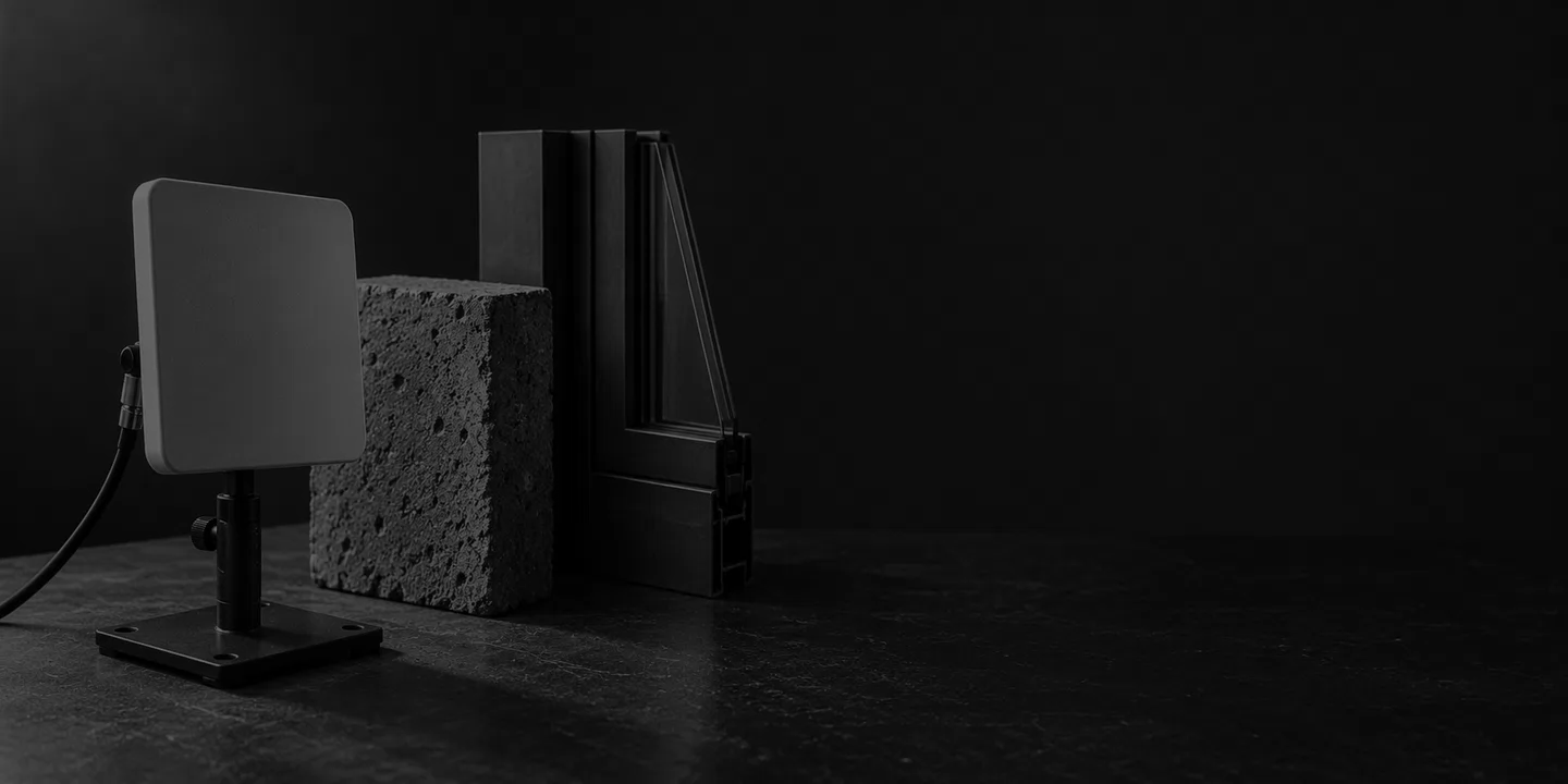 Greyscale conceptual radio test antenna beside a textured masonry block and a window-frame sample on a dark workbench.