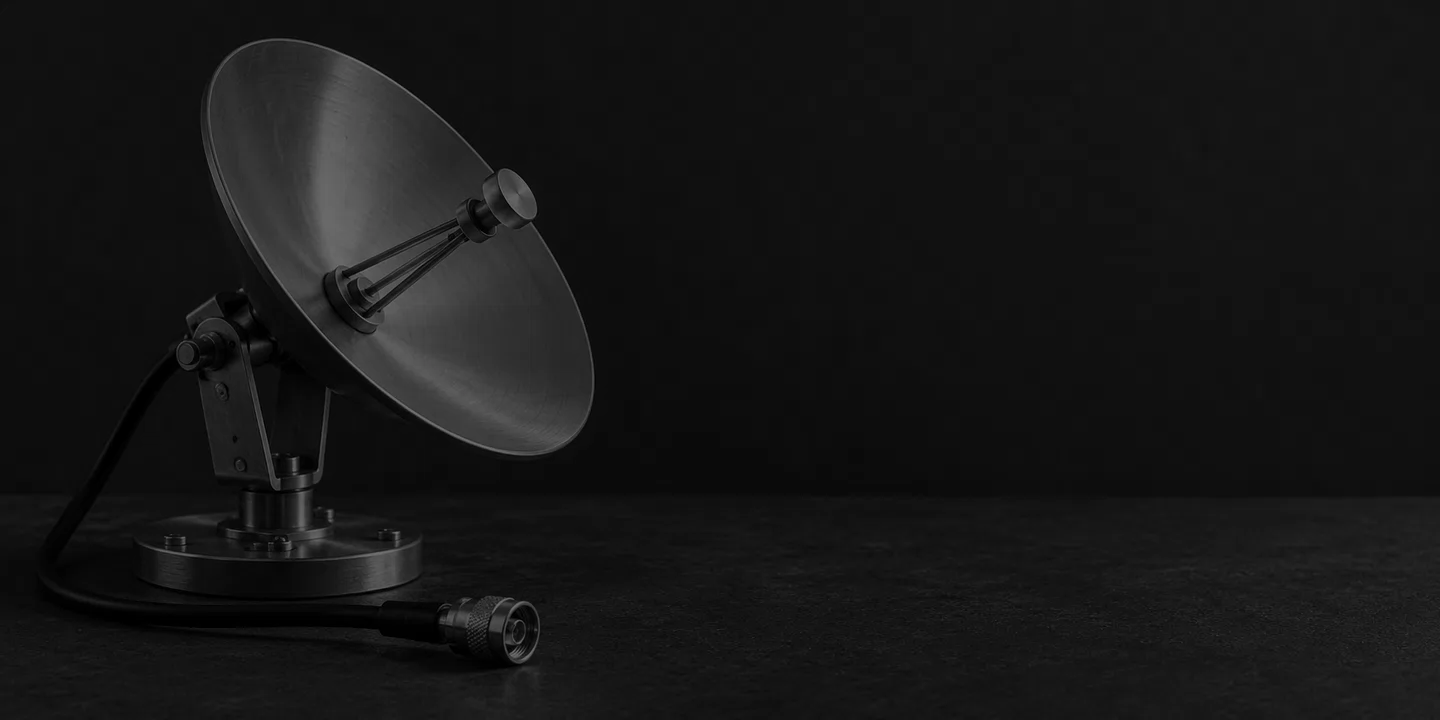 Greyscale conceptual metal reflector dish on a stand beside a coaxial cable on a dark desk.