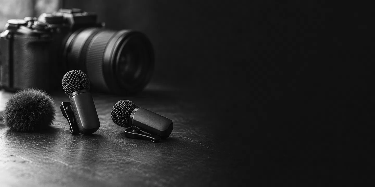 Greyscale conceptual still-life of two unbranded clip microphones, a windscreen and a camera.
