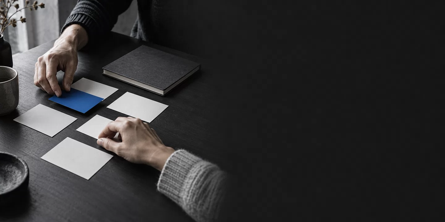 Monochrome conceptual scene of colleagues arranging blank cards beside a notebook, with one cobalt card.