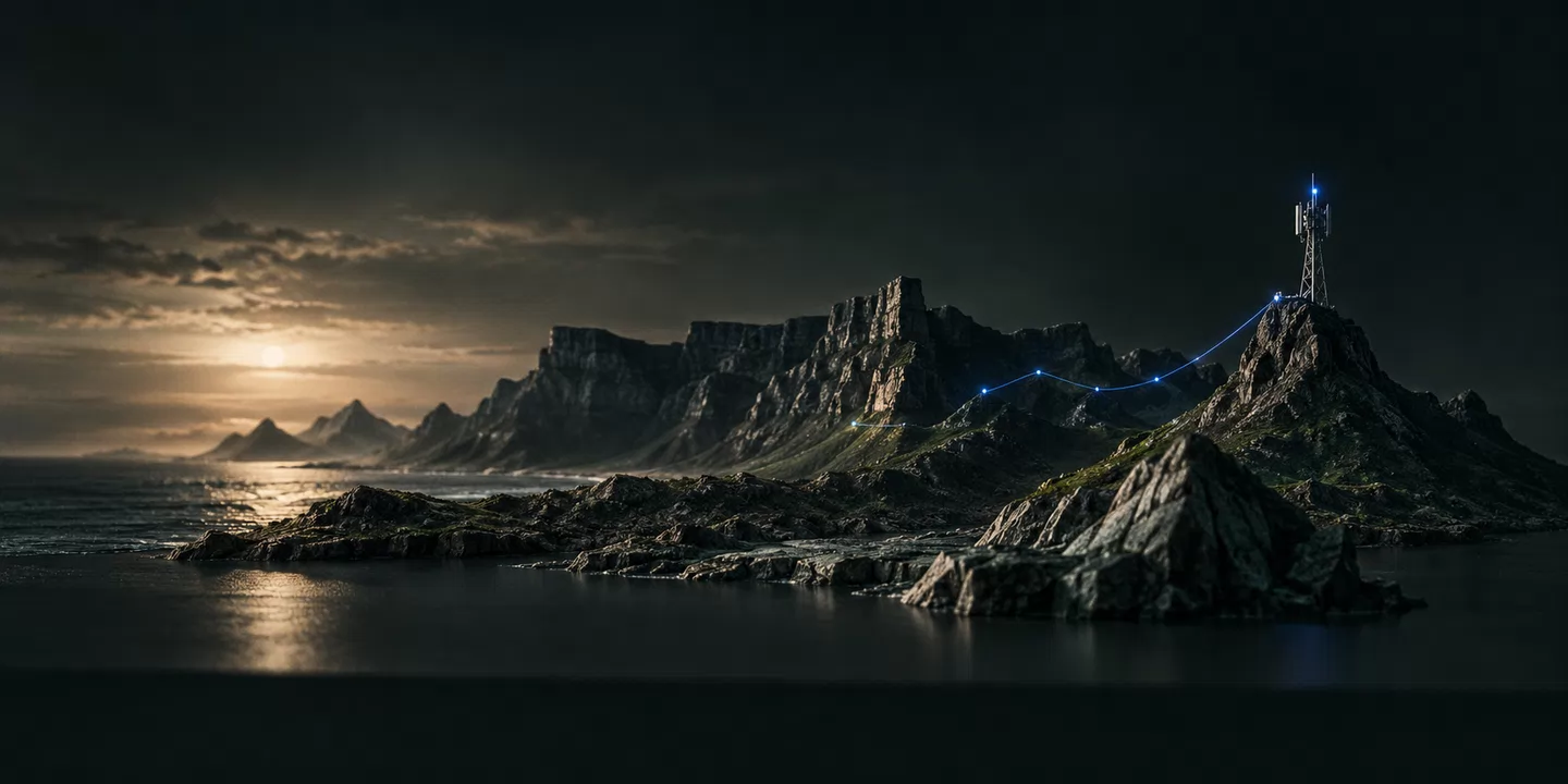 Conceptual miniature coastal landscape with a telecom mast and a blue connection line.