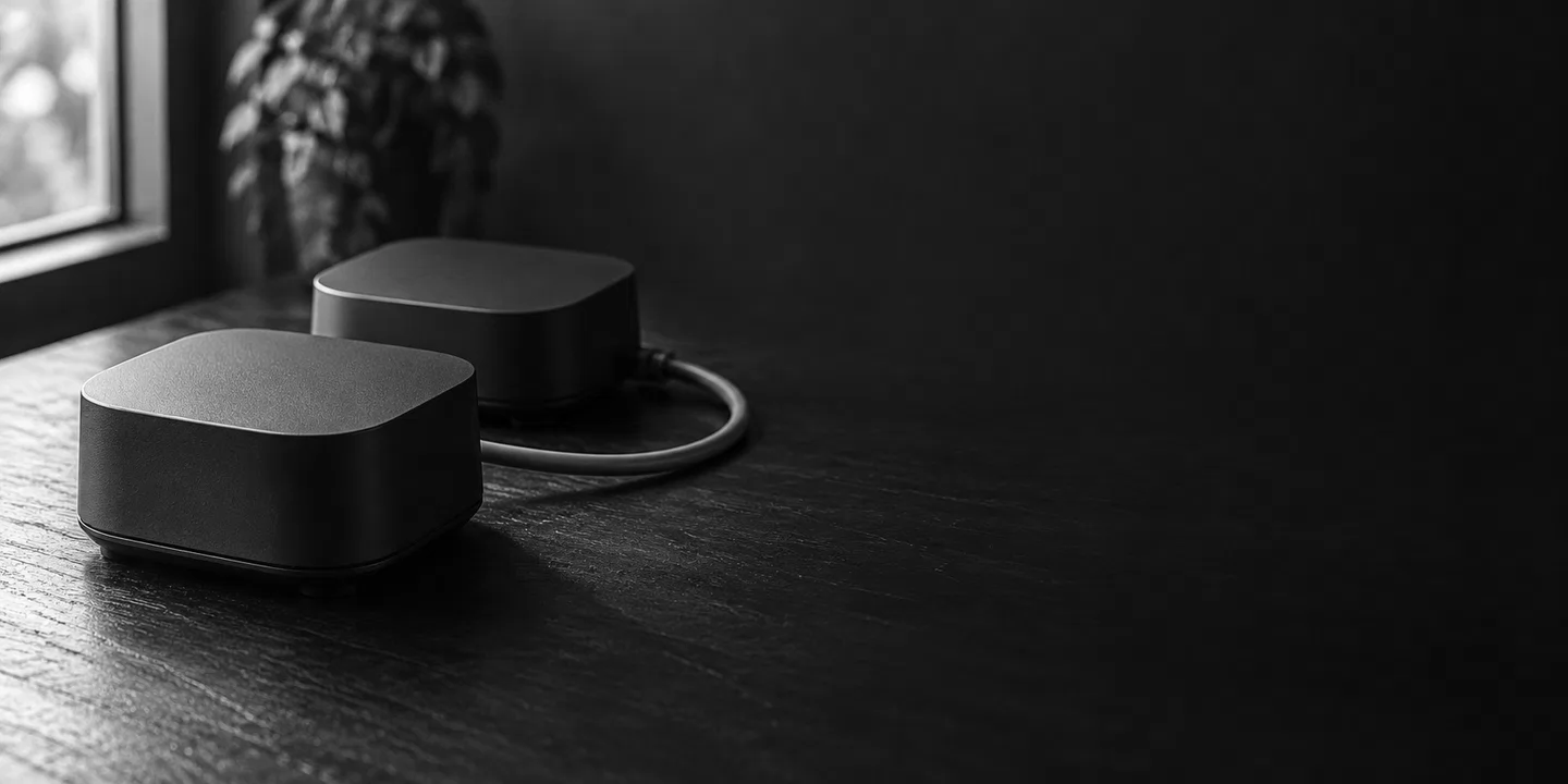 Greyscale conceptual still-life of two unbranded dark network nodes beside a cable loop.