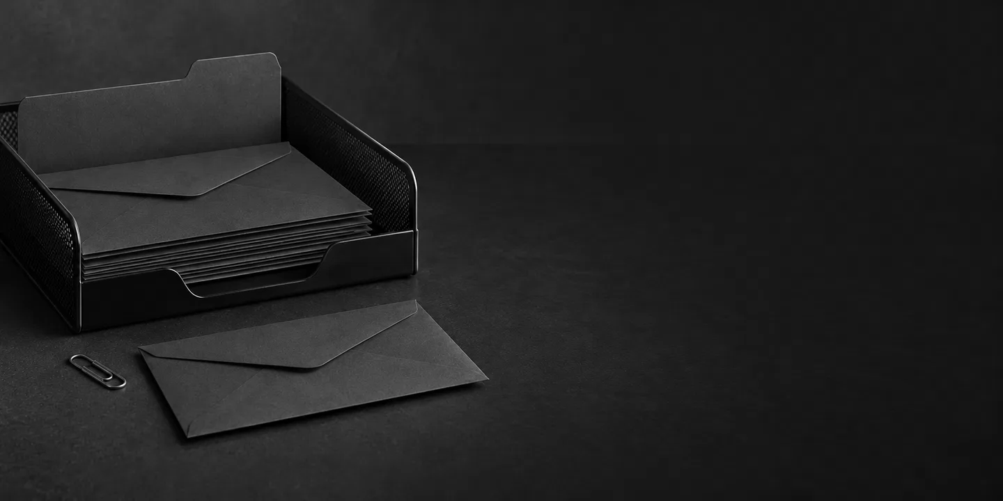 Greyscale conceptual still-life of an inbox tray with blank envelopes and a file divider.