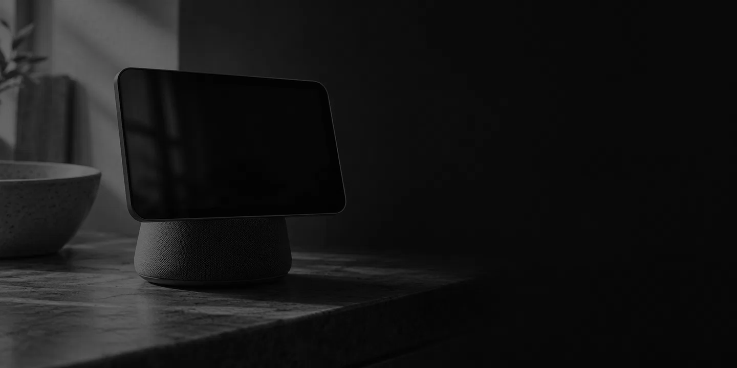 Greyscale conceptual home display with a blank dark screen on a speaker base beside a ceramic bowl on a stone counter.