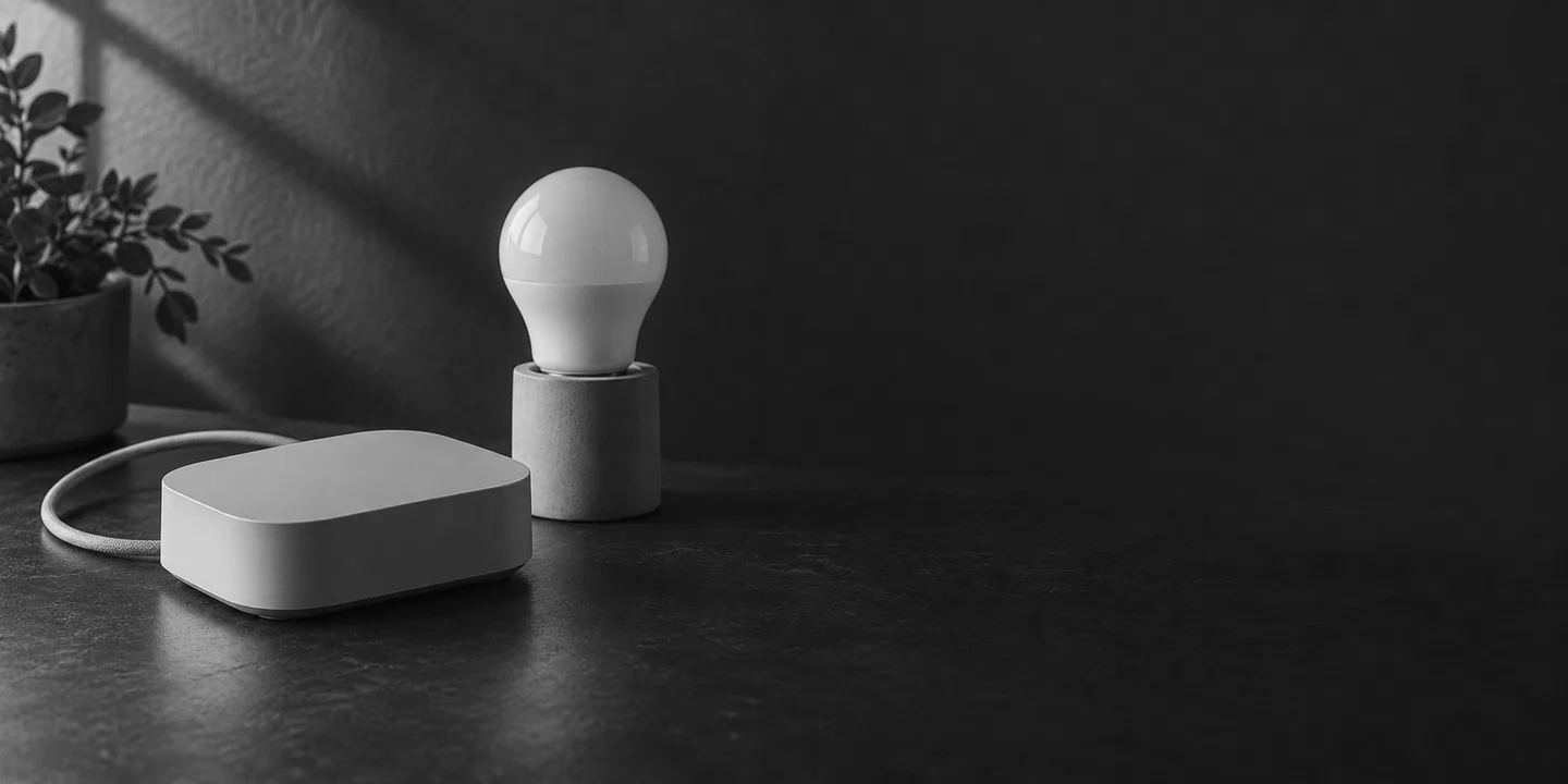 Greyscale conceptual still-life of an unbranded home hub beside a light bulb.
