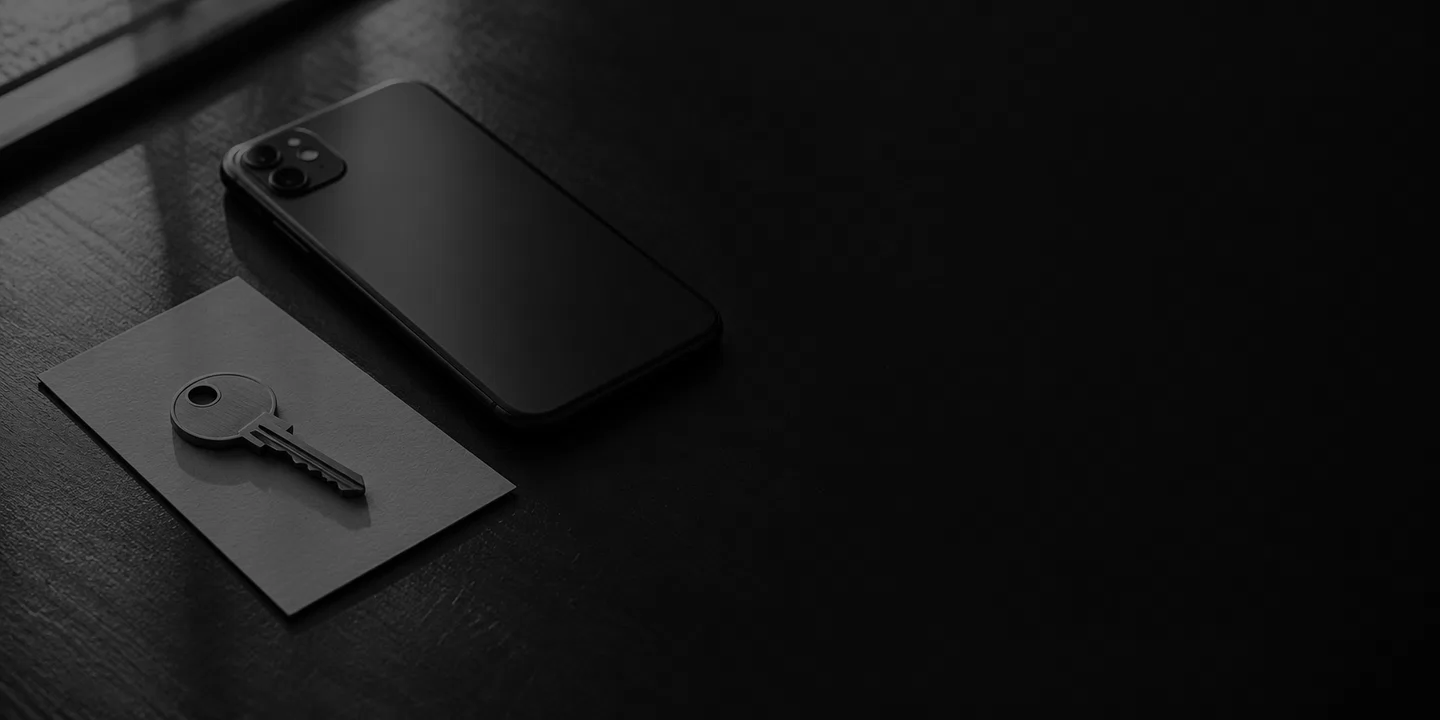Greyscale conceptual steel key on a blank card beside a face-down unbranded phone on a dark desk.