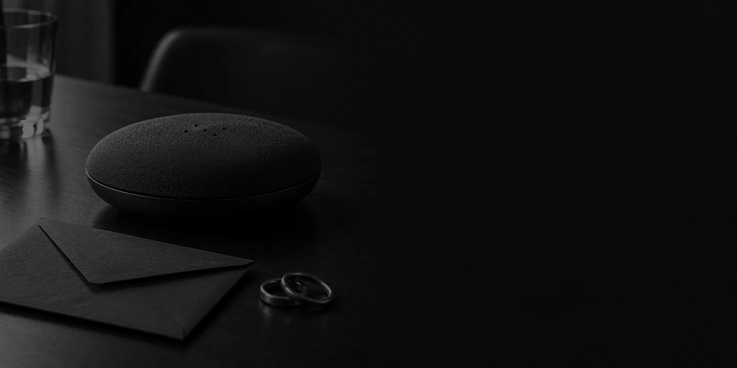 Greyscale conceptual meeting speakerphone beside a folded paper envelope and interlocking metal rings on a dark table.