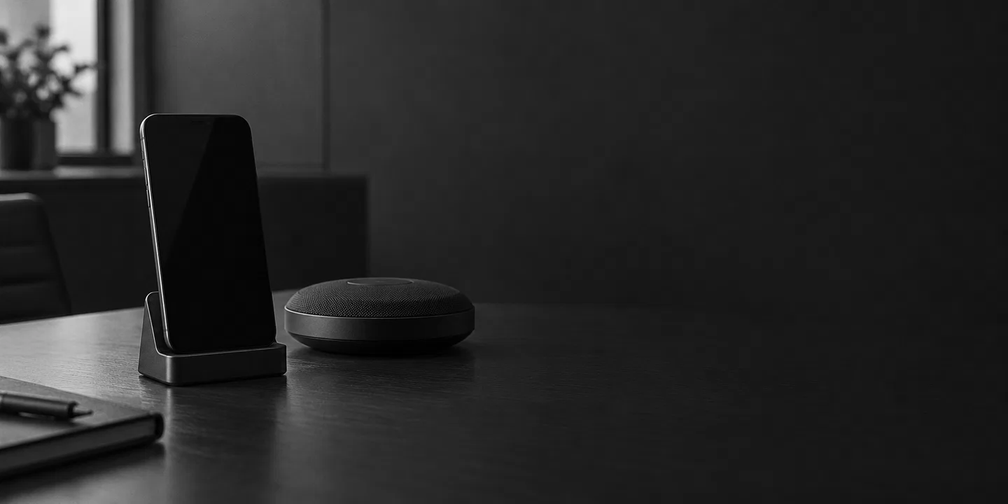 Greyscale conceptual meeting table with an unbranded phone in a cradle beside a small conference speaker.