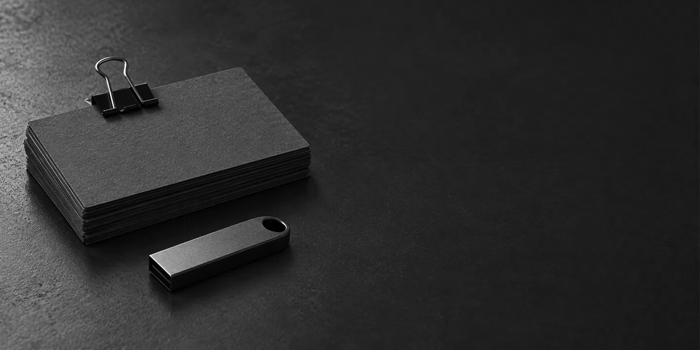 Greyscale conceptual desk scene with blank charcoal cards held by a binder clip beside a generic USB storage device.