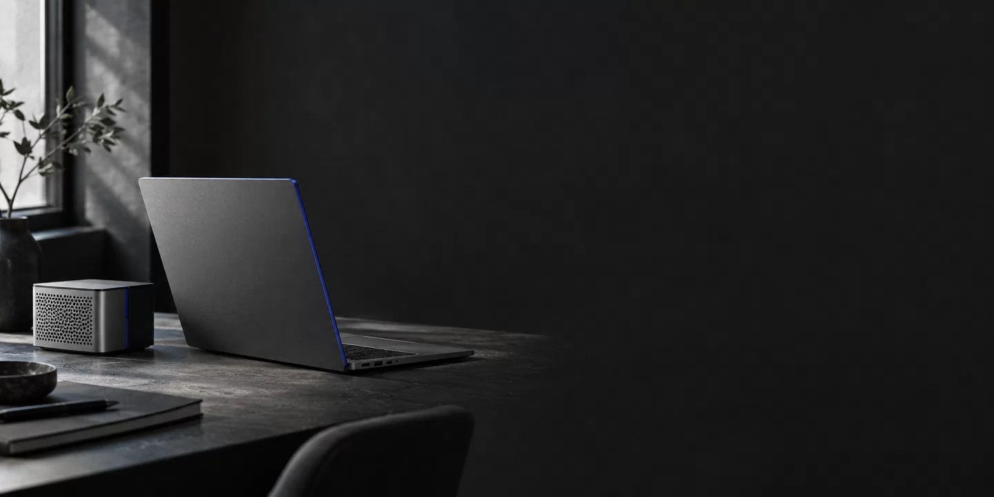 Monochrome conceptual laptop and compact computer on a desk with restrained cobalt edges.